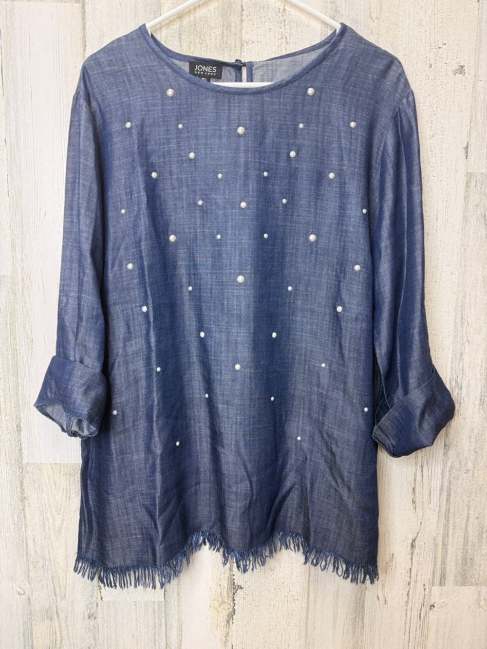 Jones New York Denim-Blue Pearl Accent Blouse